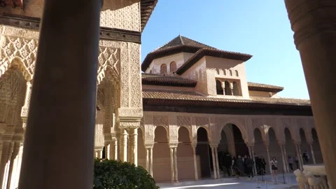 Panning Between Columns in Nasrid Palace Granada Spain Stock Footage 336007667