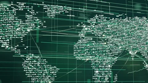 Panning camera across global map on digital HUD, drawing link arcs, pulsing Video stock 337141165
