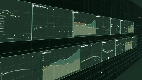 Panning camera moving along grid wall, revealing dual-row digital panels to Vídeo Stock 337505054