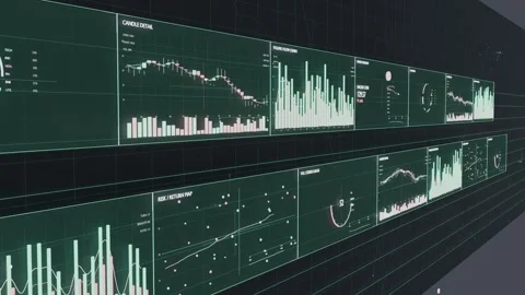 Panning camera past two-row data wall in gallery, showing charts, gauges, Stock Footage 337505046