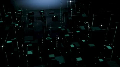 Panning camera revealing depth of dense platforms and dotted-light columns on Stock Footage 341889667