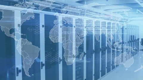Panning camera revealing long row server racks in datacenter while world map Vidéo 332881953