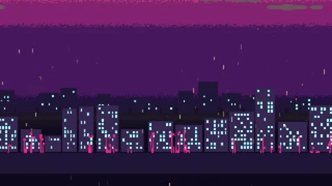 Panning camera revealing pixel-art street stretches, pedestrians shifting in Vidéo 337885926