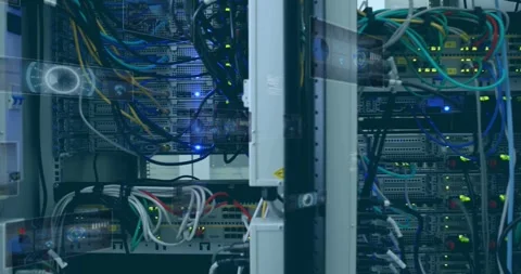 Panning camera revealing server cabinet with switches and patch panels in server Stock Footage 331615330