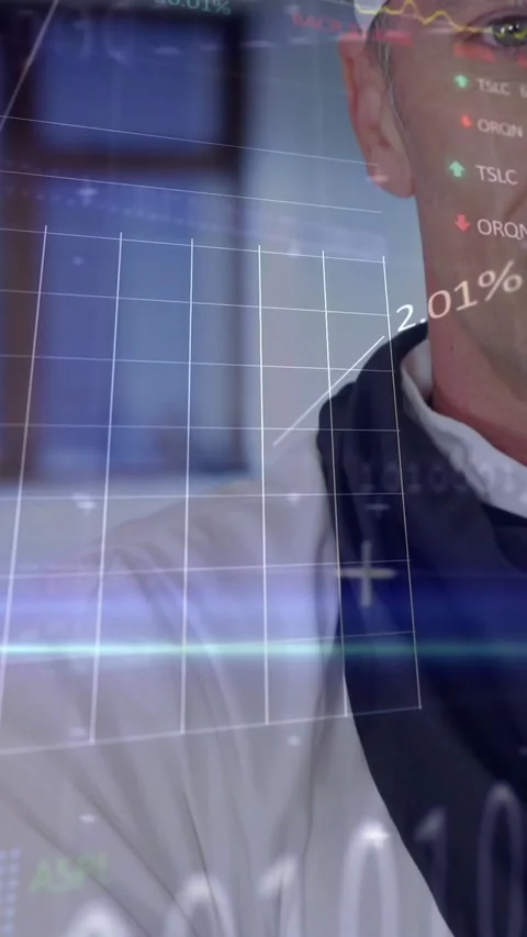 Panning camera right chef turning smiling as charts overlaying face showing Stock Footage 331617033
