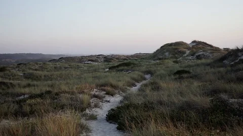 Panning camera from sand path in the middle of a dune to the sea-view at sunset. Stock Footage 116437674
