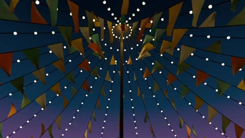 Panning camera toward pole canopy at fair to center, breeze making bulbs glow Stock Footage 339722059