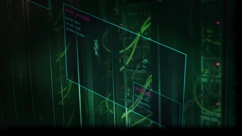 Panning camera tracking server rack with cyan HUD overlay at data center, Stock Footage 332880783