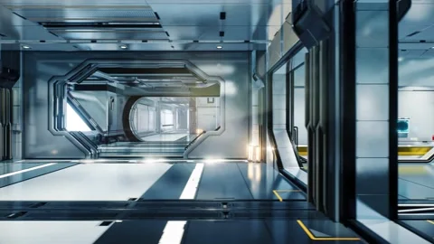 Panning camera view in the corridor of a spaceship, realistic 3d animation. It Stock Footage 171713938