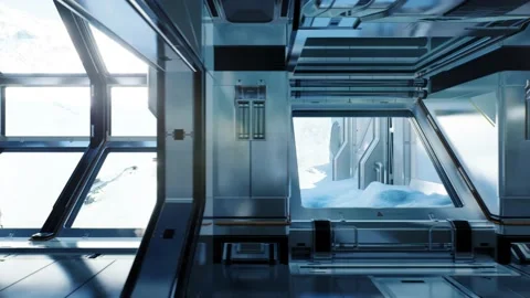 Panning camera view in the corridor of a spaceship, realistic 3d animation. It Stock Footage 171714537