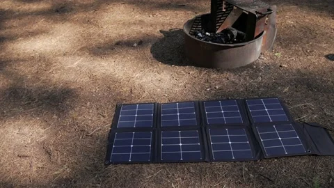 Panning camping solar panels Stock Footage 158591068