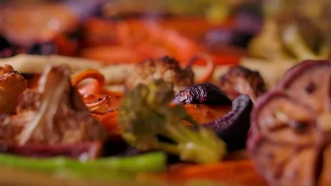 Panning Close Up of Roasted Vegetables Tray for Sunday Roast Stock Footage 334338177