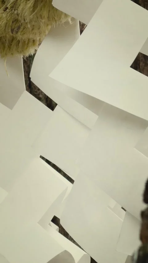 Panning close-up of shide paper streamers on sacred tree Stock Footage 346264029