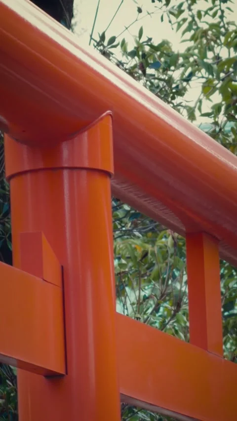 Panning close-up of vermilion torii gate at Japanese shrine Stock Footage 346264005