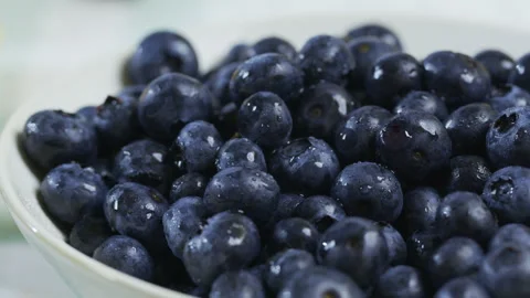 Panning closeup shot across fresh blueberries in bowl Stock Footage 341026883