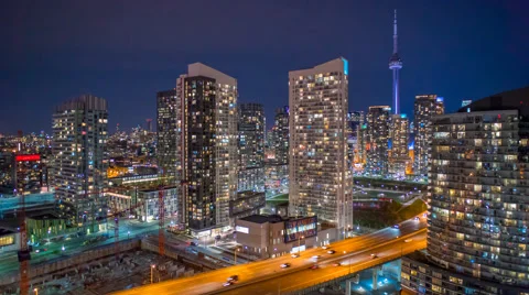 Panning CN Tower Toronto Night Time Lapse Gardiner Expressway 4K 1080P Stock Footage 62536093
