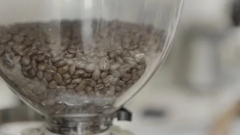 Panning Coffee Beans in Coffee Grinder Machine in Café Shop Stock Footage 128678778