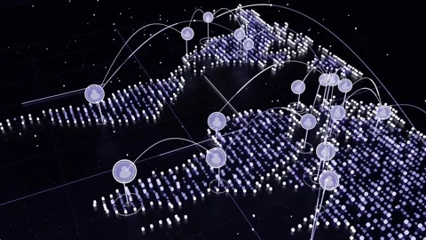 Panning cube map forming global data network on black plane, markers popping and Stock Footage 337964669