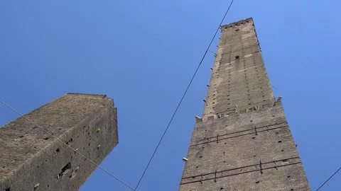 Panning down Asinelli Tower to basement shops in Bologna, Italy Stock Footage 93592327