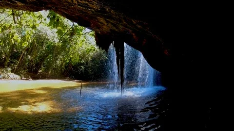 Panning down from behind a waterfall. Stock Footage 115092139