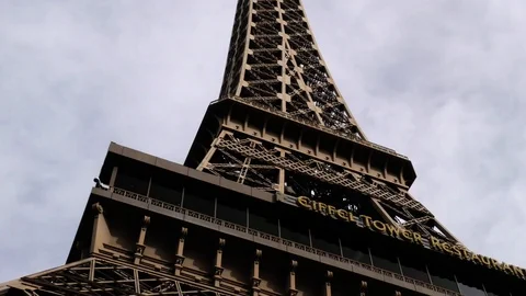 Panning down the Eiffel Tower Restaurant in Las Vegas Stock Footage 106621986