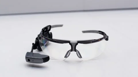Panning down to Google glass like augmented reality goggles laying on a Stock Footage 202111166