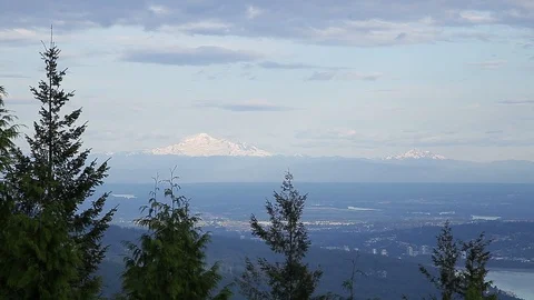 A panning down view of Mt Baker with the valley of the Lower Mainland as seen Stock Footage 108936995
