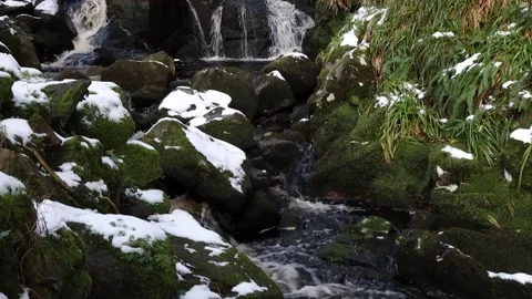 Panning Down a Waterfall and River in the Snow, Glencree, Ireland Stock Footage 162046292