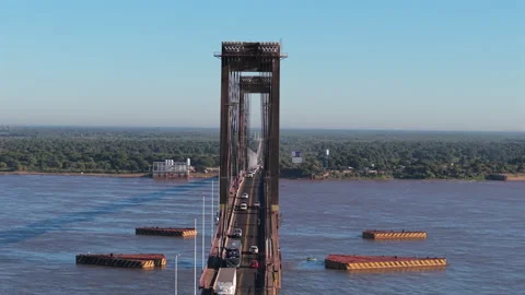 Panning drone fly near cable-stayed General Belgrano Bridge over Paraná River Vídeos de archivo 323293336