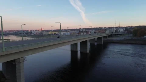 Panning drone shot of the M. K. Ciurlionis bridge Stock Footage 255928319