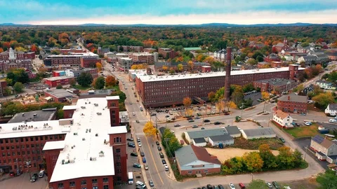 Panning Drone Shot Of Old Mill Buildings In Downtown Dover New Hampshire Video stock 128193505