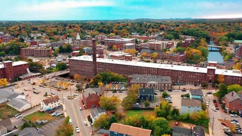 Panning Drone Shot Over Old Mill Buildings In Downtown Dover New Hampshire Video stock 128193318