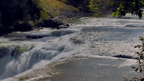 Panning Edge of Upper Falls in Letchworth State Park Slow Motion Medium Stock Footage 241042096