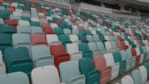 Panning of empty stadium seats, stadium without spectators. Stock Footage 129585443