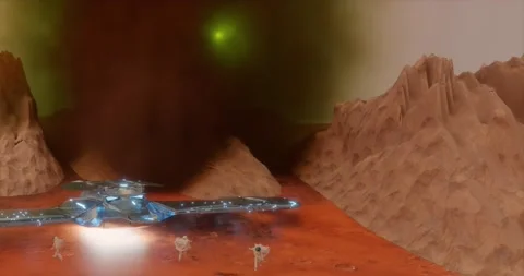 Panning fantasy 3D rendering animation of astronauts on Olympus mountain Mars Stock Footage 174860807