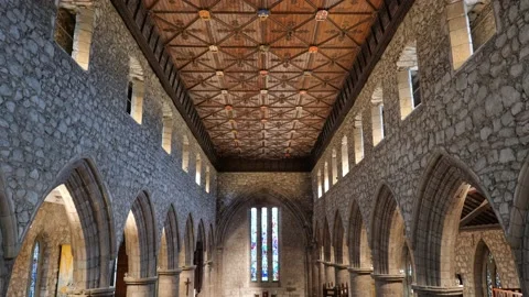 Panning with flat ceiling of Cathedral Church of St. Machar in Old Stock Footage 196181001