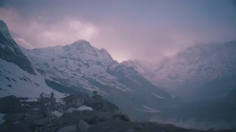 Panning Frame Landscape Snow Mountain Covered Mist In The Morning at ABC Stock Footage 154017835