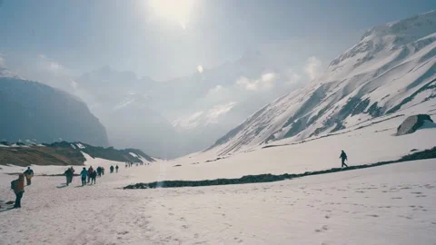 Panning frame Scenery mountain covered snow, Trekking Route Stock Footage 154017587