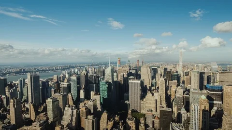 Panning Hyperlapse: Aerial view of the business district of Manhattan in New Stock Footage 97697366