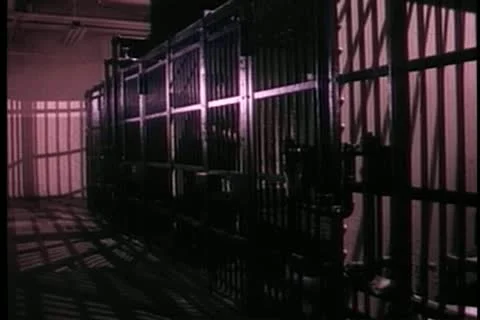 Panning jail cells to prisoner mopping floor Video stock 11366467
