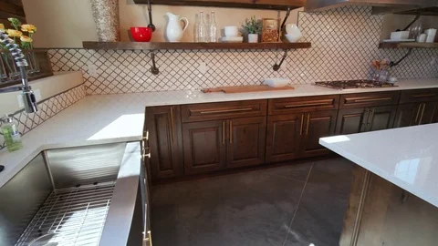 Panning From Kitchen Scene to Sink in Modern Kitchen Stock Footage 76256129