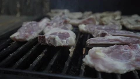 Panning lamb chops cooking with flames on a barbecue. Life style. Stock Footage 163653317