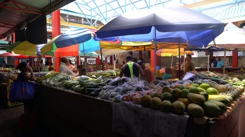Panning landscape view of Seychelles local fish market 스톡 동영상 108686234