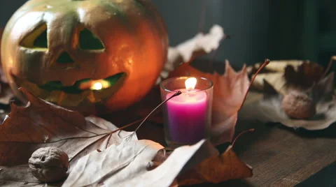 Panning with a large view of the halloween set of objects staged indoor Stock-Footage 55845178