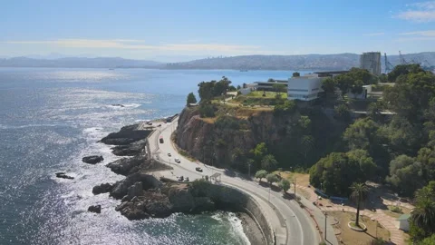 Panning to the left over the Pacific and Viñamarino coastline in the morning Stock Footage 236567456
