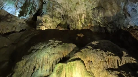 Panning of limestone and stalactites in Thien Cung Cave, Ha Long Bay, Vietnam. Stock Footage 312083544