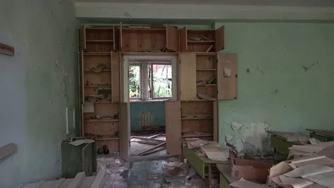 Panning a massacred classroom in abandoned school 2 Video stock 114683536