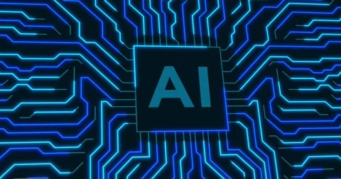 A panning motion graphics of an AI microchip with a blue loop neon beam circuits Stock Footage 337426859