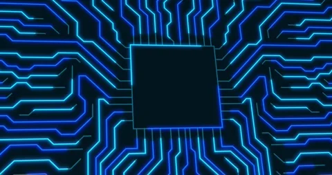 A panning motion graphics of a microchip with a blue loop neon beam circuits Stock Footage 337431156
