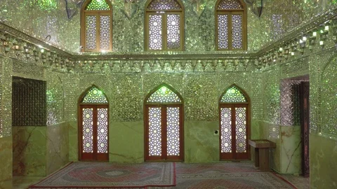 Panning motion inside Ali Ibn Hamzeh Holly Shrine, Shiraz, Iran Stock Footage 100656933